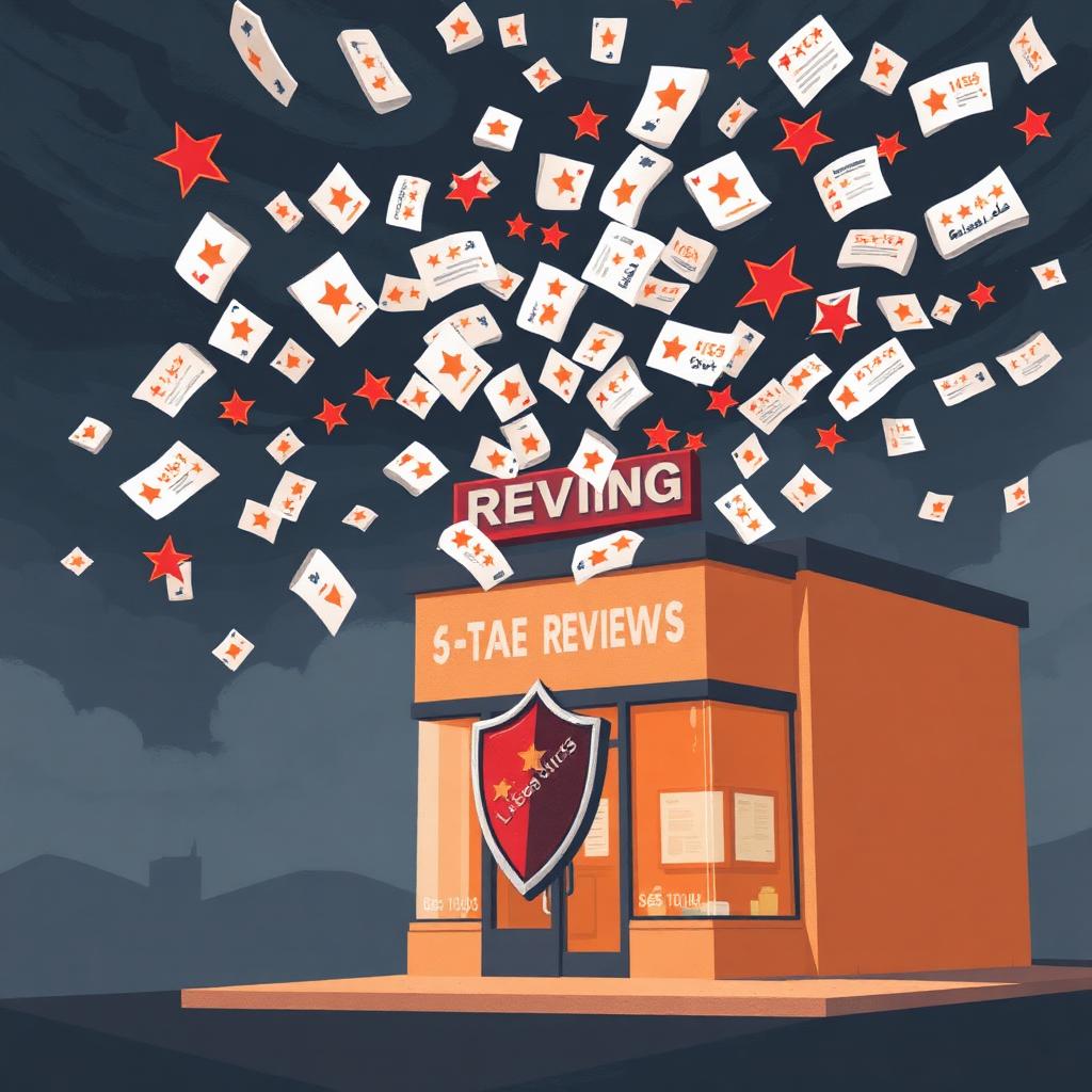 Editorial illustration of a business storefront being hit by a swarm of 1-star review cards with a shield deflecting some of them