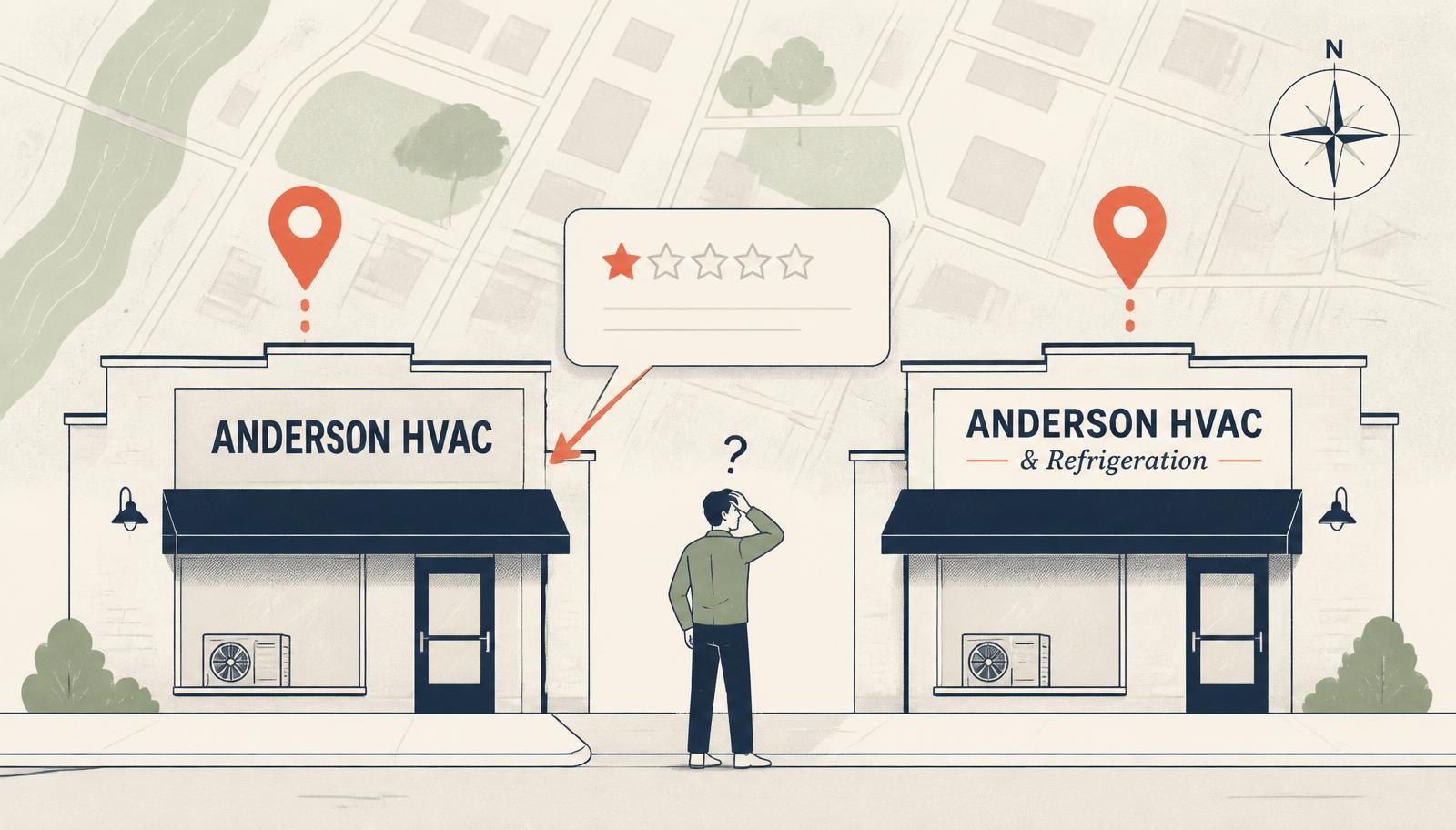 Two nearly identical HVAC storefronts on a stylized map with a confused customer and a 1-star review pointing to the wrong one
