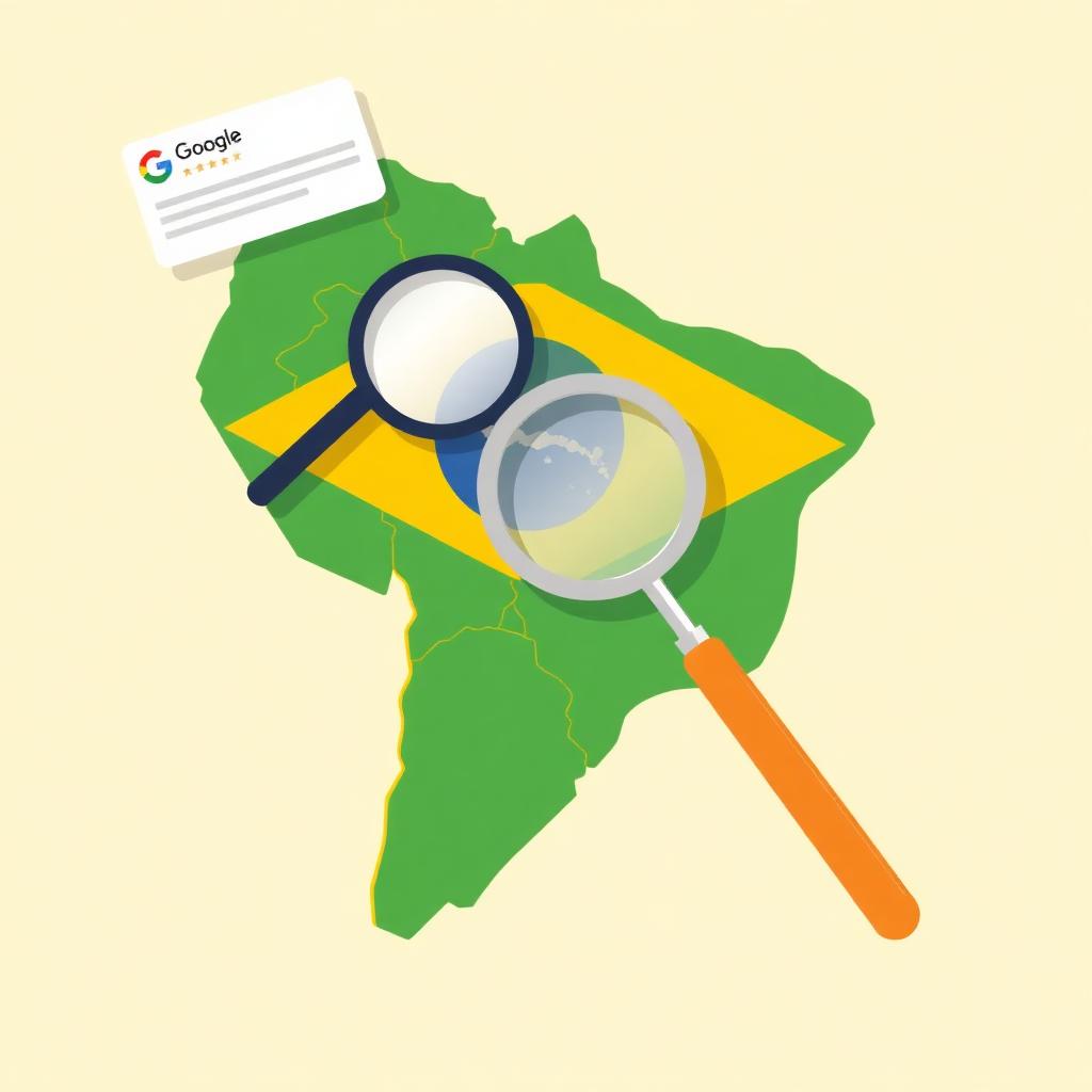 Ilustração estilizada do mapa do Brasil com card de avaliação Google, lupa e martelo judicial