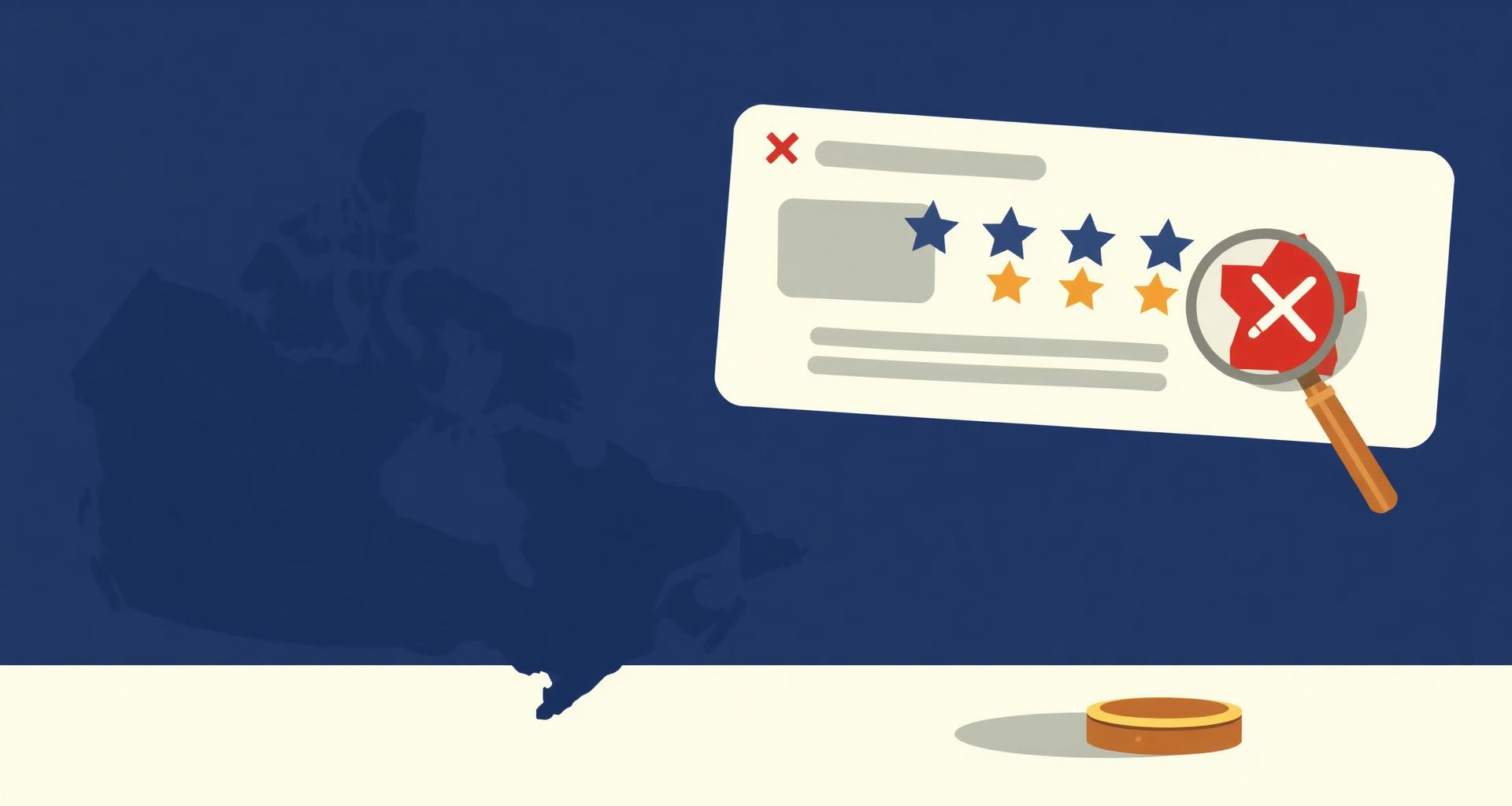 Illustrated Canada map with a Google review card, magnifying glass and gavel