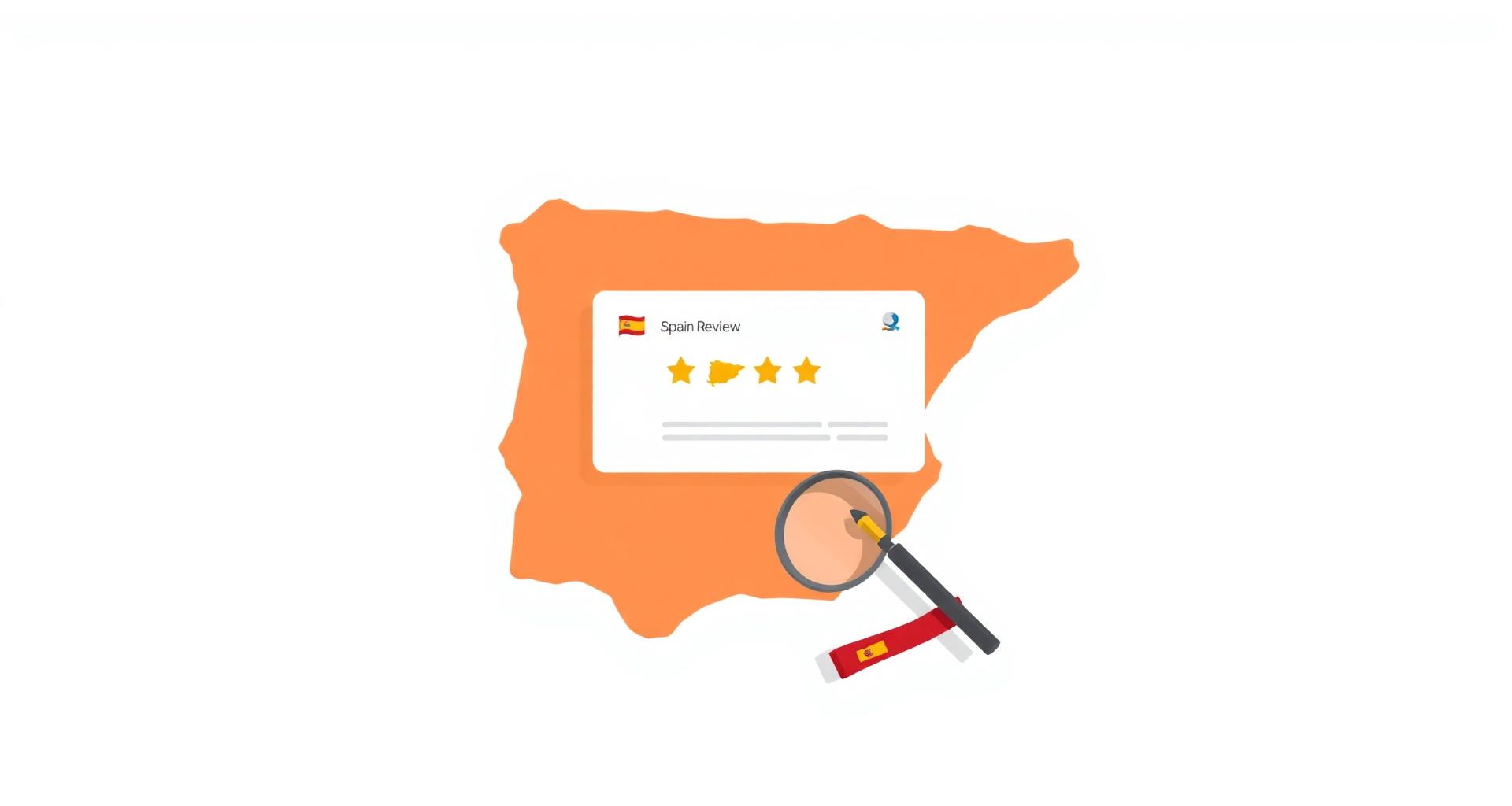 Mapa ilustrado de España con una tarjeta de reseña Google, una lupa y un mazo de justicia