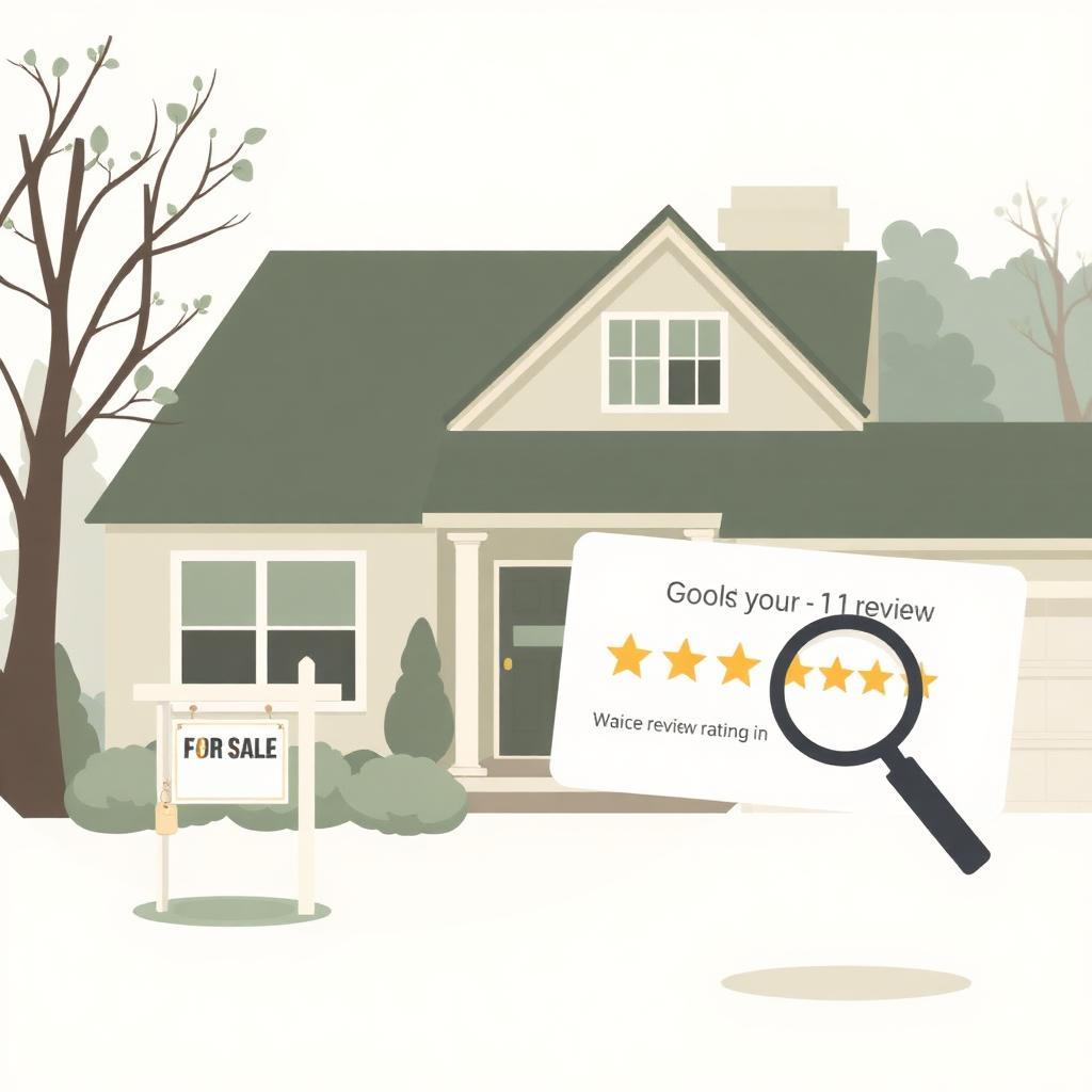 Illustrated suburban home with a For Sale sign and a Google review card with a 1-star rating
