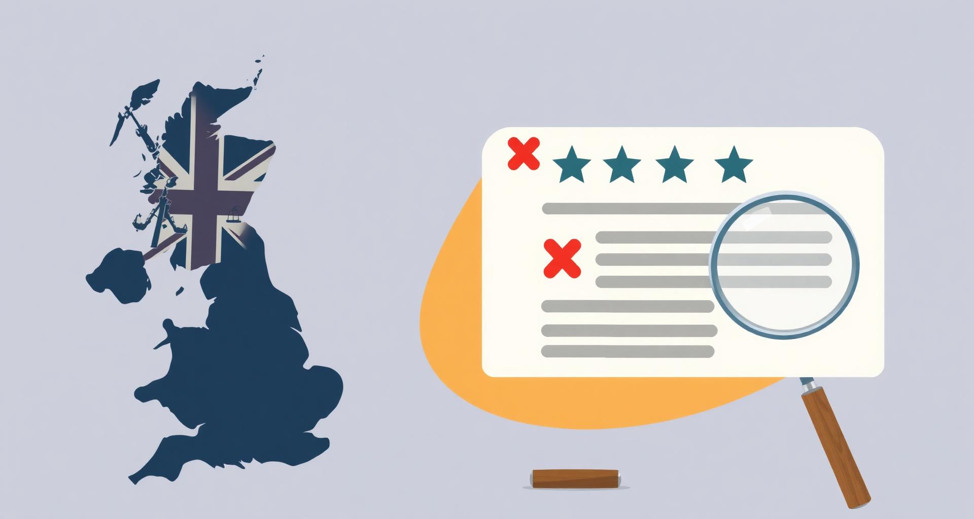 Illustrated UK map next to a Google review card with a magnifying glass and gavel
